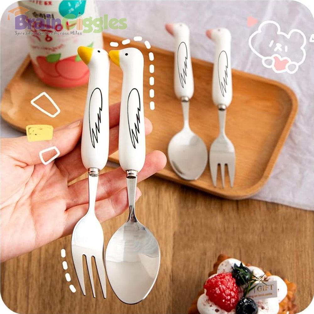 Brain Giggles - Kids Cutlery Set With Case - Wings - White/Pink - 2 Pcs