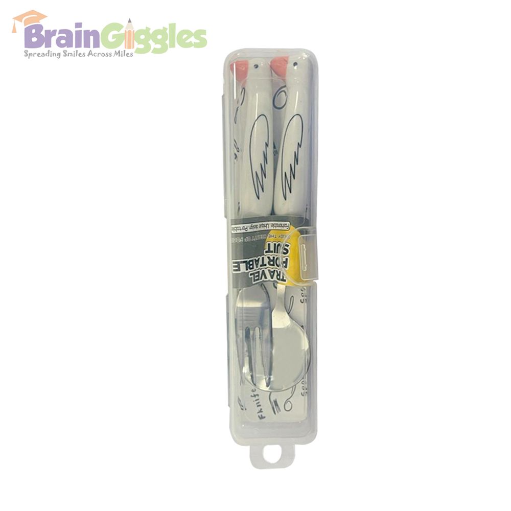 Brain Giggles - Kids Cutlery Set With Case - Wings - White/Pink - 2 Pcs