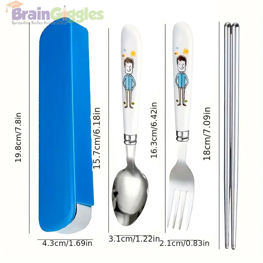 Brain Giggles - Kids Cutlery Set With Case - Blue - 4 Pcs