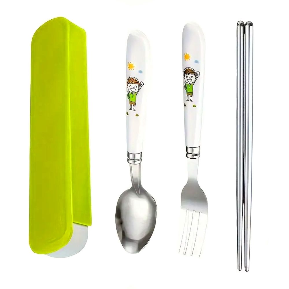 Brain Giggles - Kids Cutlery Set With Case - Green - 4 Pcs