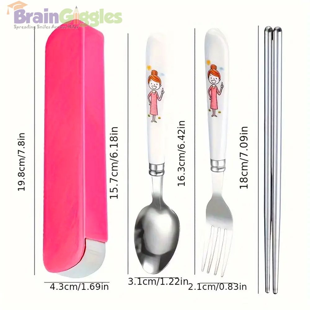 Brain Giggles - Kids Cutlery Set With Case - Red - 4 Pcs