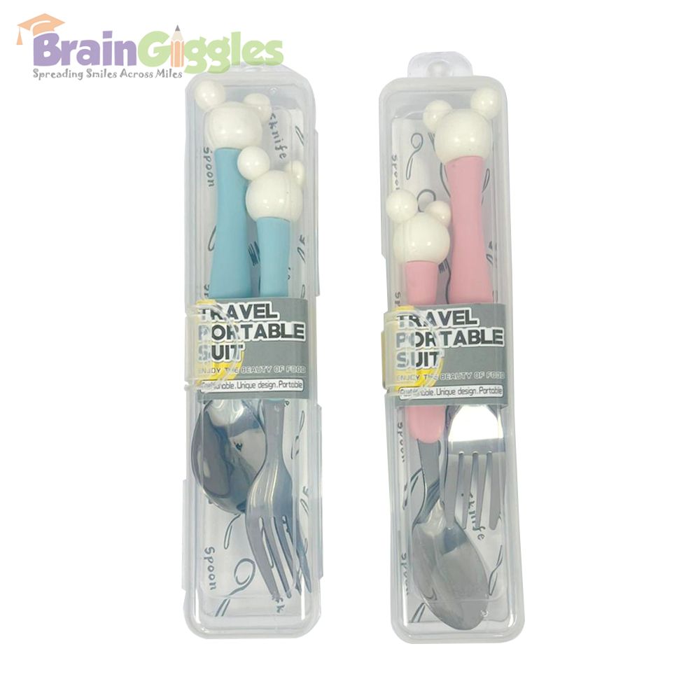 Brain Giggles - Mickey Ear Kids Cutlery Set With Case - Blue - 2 Pcs