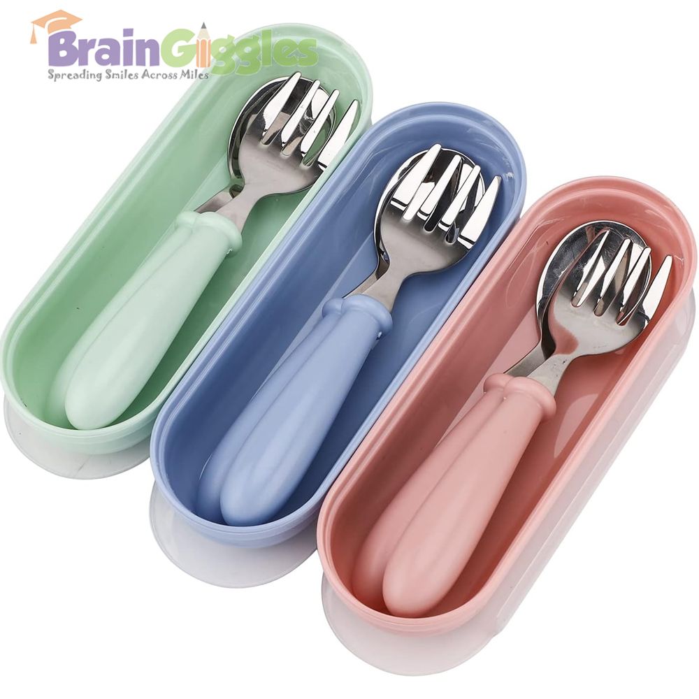 Brain Giggles - Kids Cutlery Set With Case - Blue - 2 Pcs