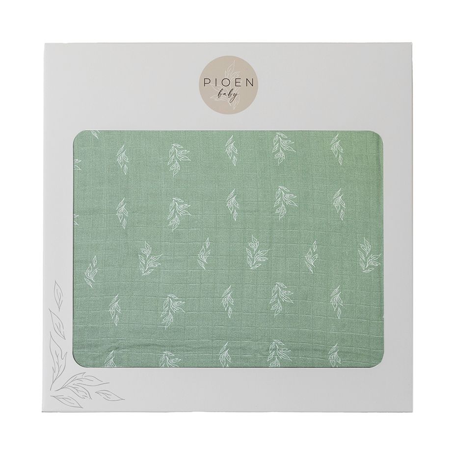 Pioen Baby - Organic Cotton Leave Printed Muslin Swaddle - Soft Green