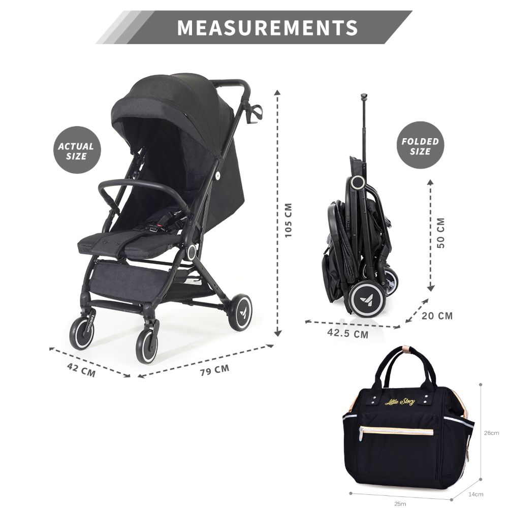 Teknum - Travel Cabin Stroller With Diaper Bag And Cup Holder - Black