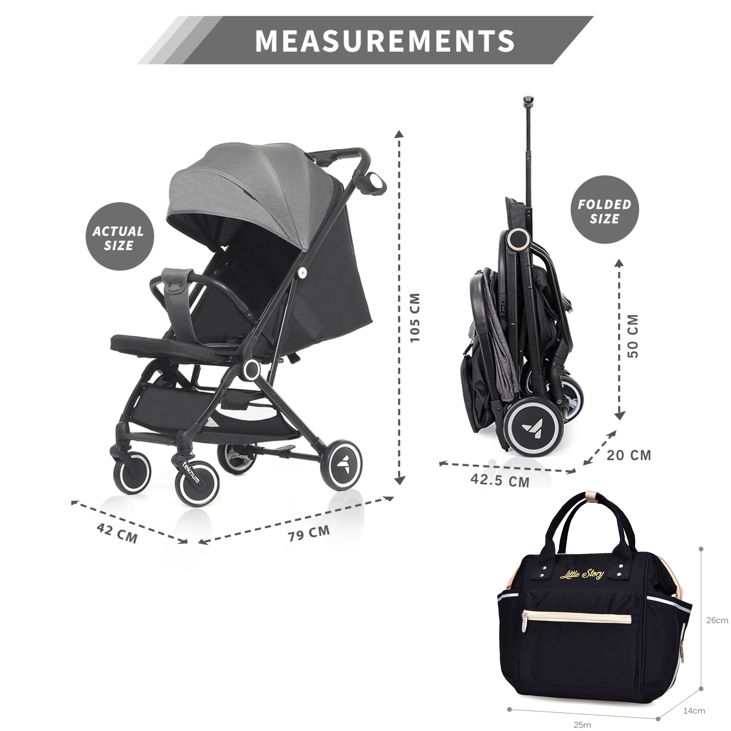 Teknum - Travel Cabin Stroller With Diaper Bag And Cup Holder - Grey