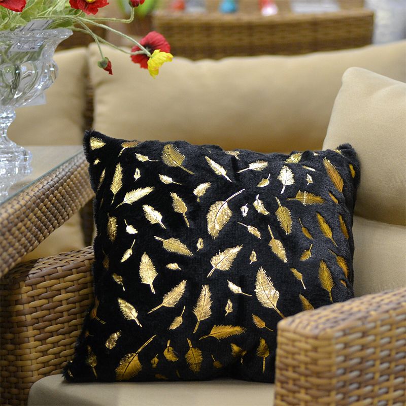 Mei Stylish - Feather Detail Square Throw Pillow Set - Black - 2 Pcs