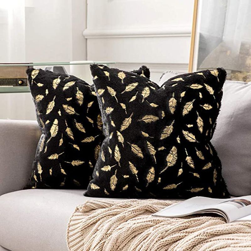 Mei Stylish - Feather Detail Square Throw Pillow Set - Black - 2 Pcs