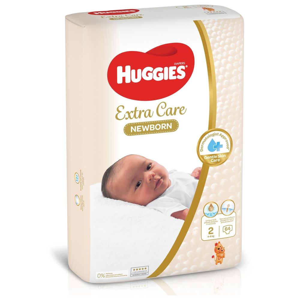 Huggies - Extra Care Newborn, Size 2, 4 - 6 kg, Jumbo Pack, 64 Diapers