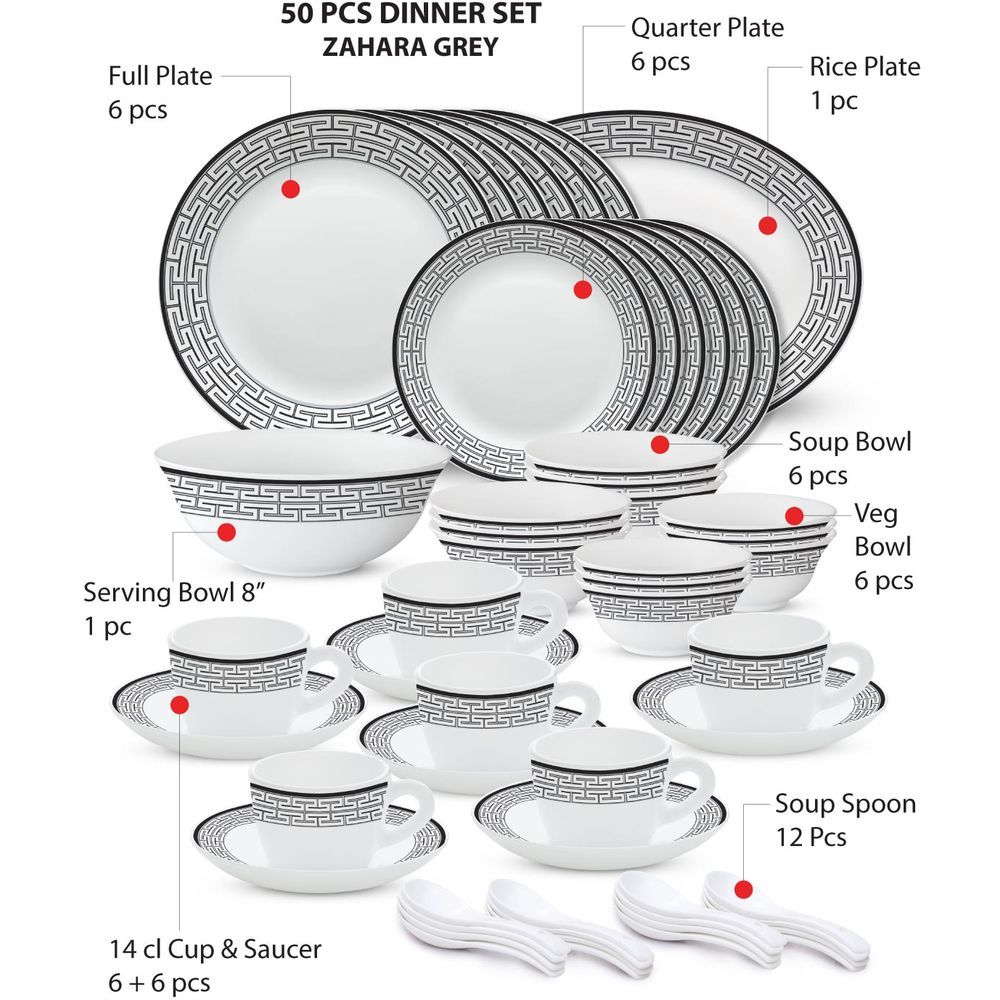 Borosil - Plano Opal Dinner Set - Zahara Black - 50 Pcs