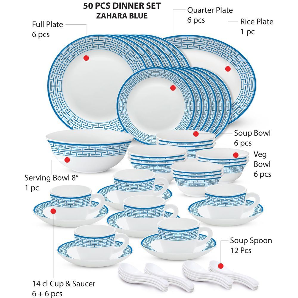 Borosil - Plano Opal Dinner Set - Zahara Blue - 50 Pcs