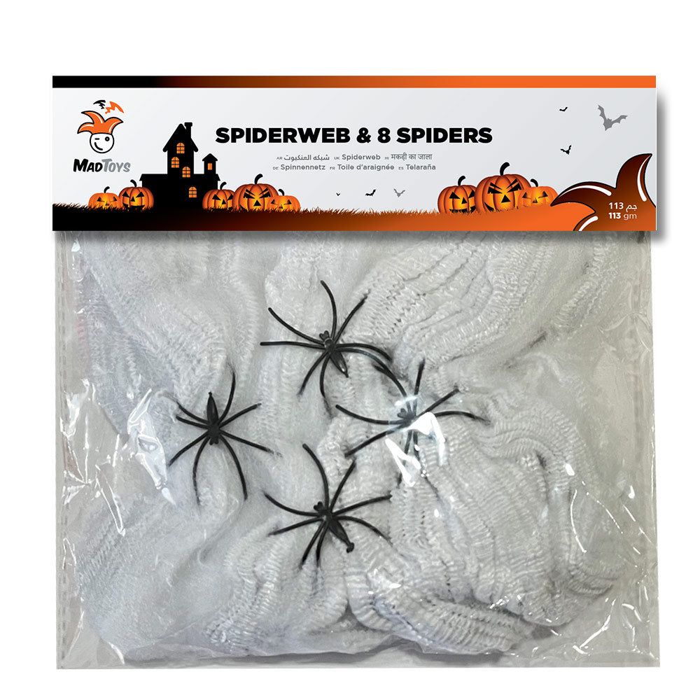 Mad Toys - Halloween Decoration - Creepy Black Spiders W/ White Spider Web - 8pcs