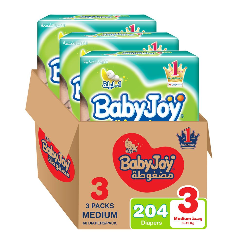 Babyjoy - Compressed Diamond Pad Diaper S3 M - 6-12 Kg - Pack of 3 - 204pcs