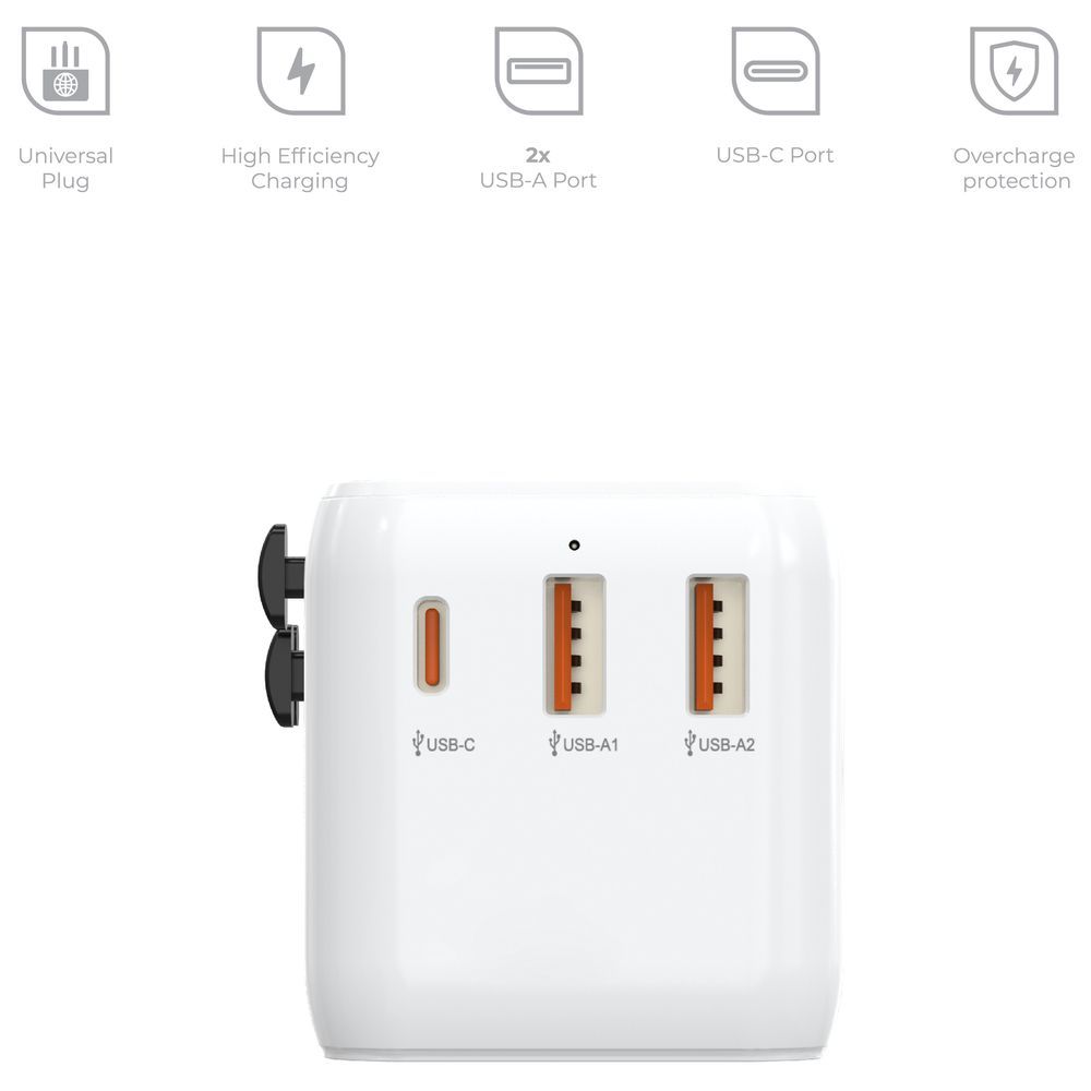 Blupebble - Passport 3.1 World Travel Adapter w/ 1 USB-C & 2 USB-A Ports - White