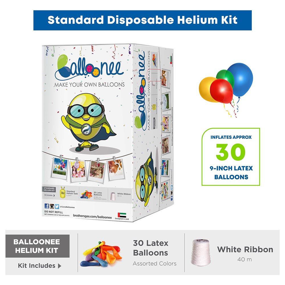 Balloonee - Standard Disposable Helium Party Kit With 30 Balloons