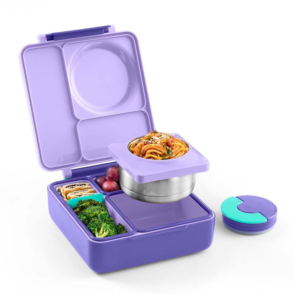 OmieLife 2nd Gen OmieBox 3 Compartments Kids Bento Box with Insulated Thermos-Purple