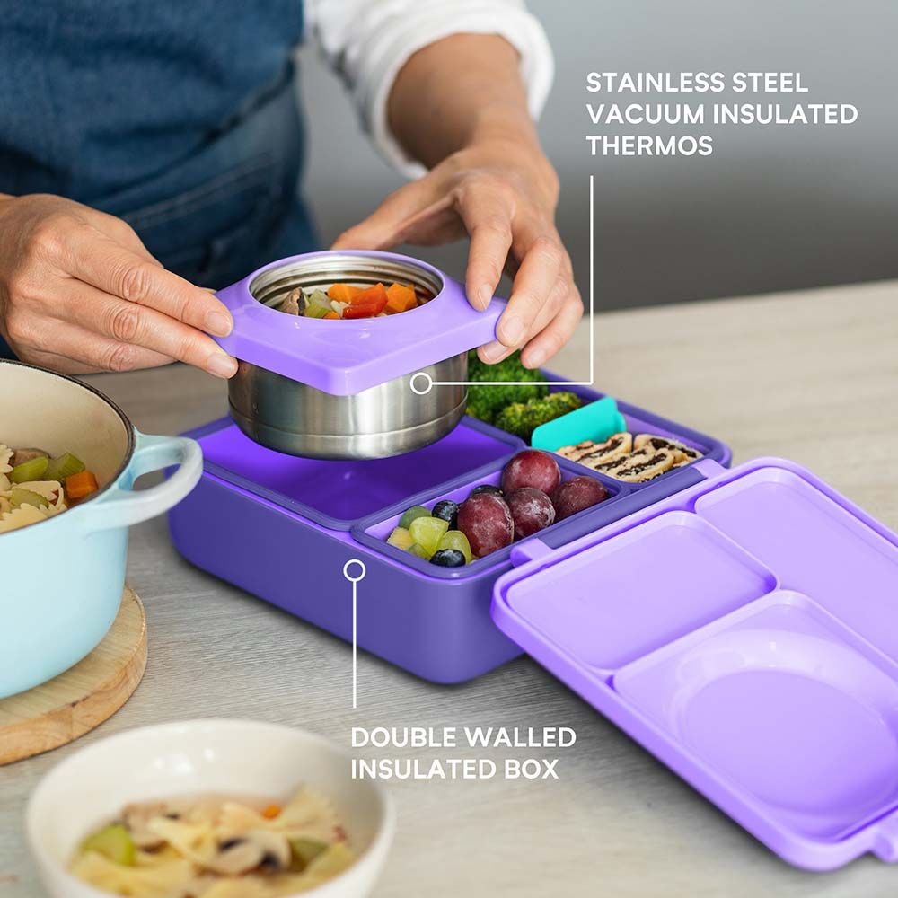 OmieLife 2nd Gen OmieBox 3 Compartments Kids Bento Box with Insulated Thermos-Purple