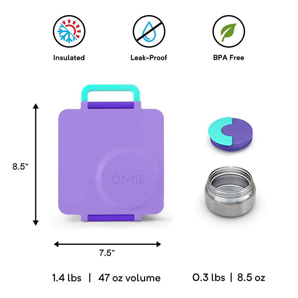 OmieLife 2nd Gen OmieBox 3 Compartments Kids Bento Box with Insulated Thermos-Purple