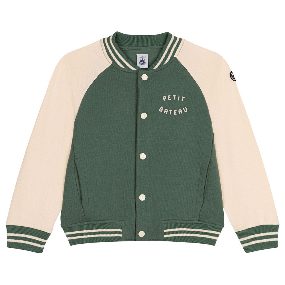 Petit Bateau - Boys' Fleece Baseball Jacket - Green/Beige