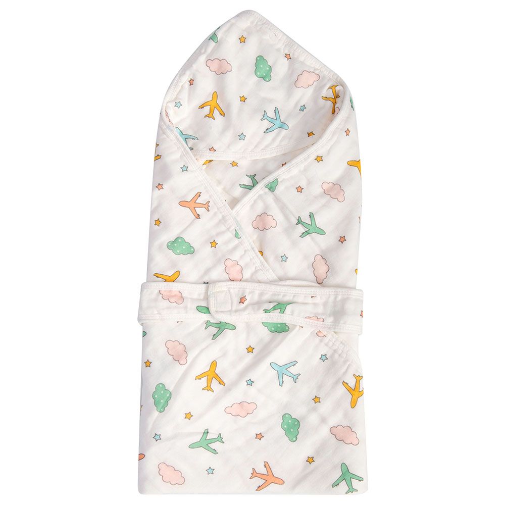 Tiny Toes - Baby Aeroplane Print Swaddle - White