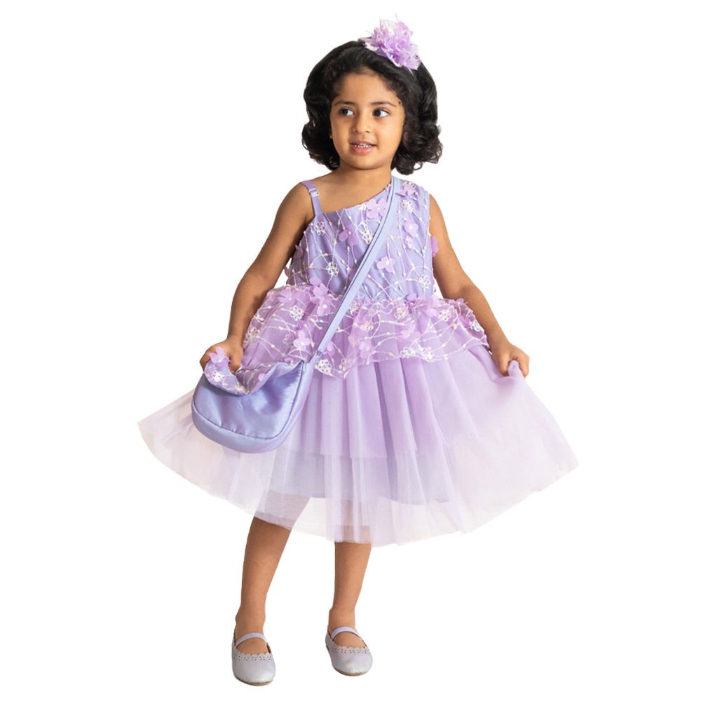 A Little Fable - 2Pc-Set - Off-Shoulder Gardenia Dress & Doll - Lavender