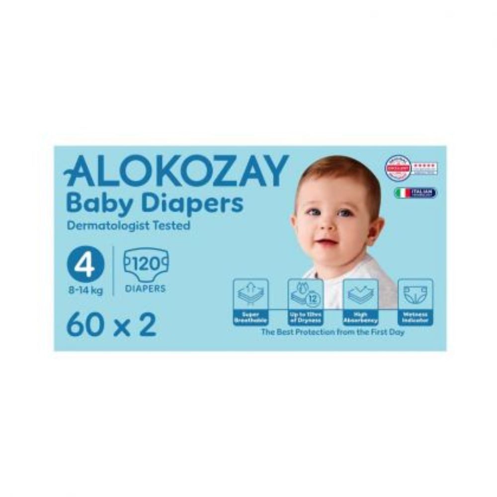 Alokozay - Premium Baby Diapers 8-14kg Size 4 - 60pcs - Pack of 2