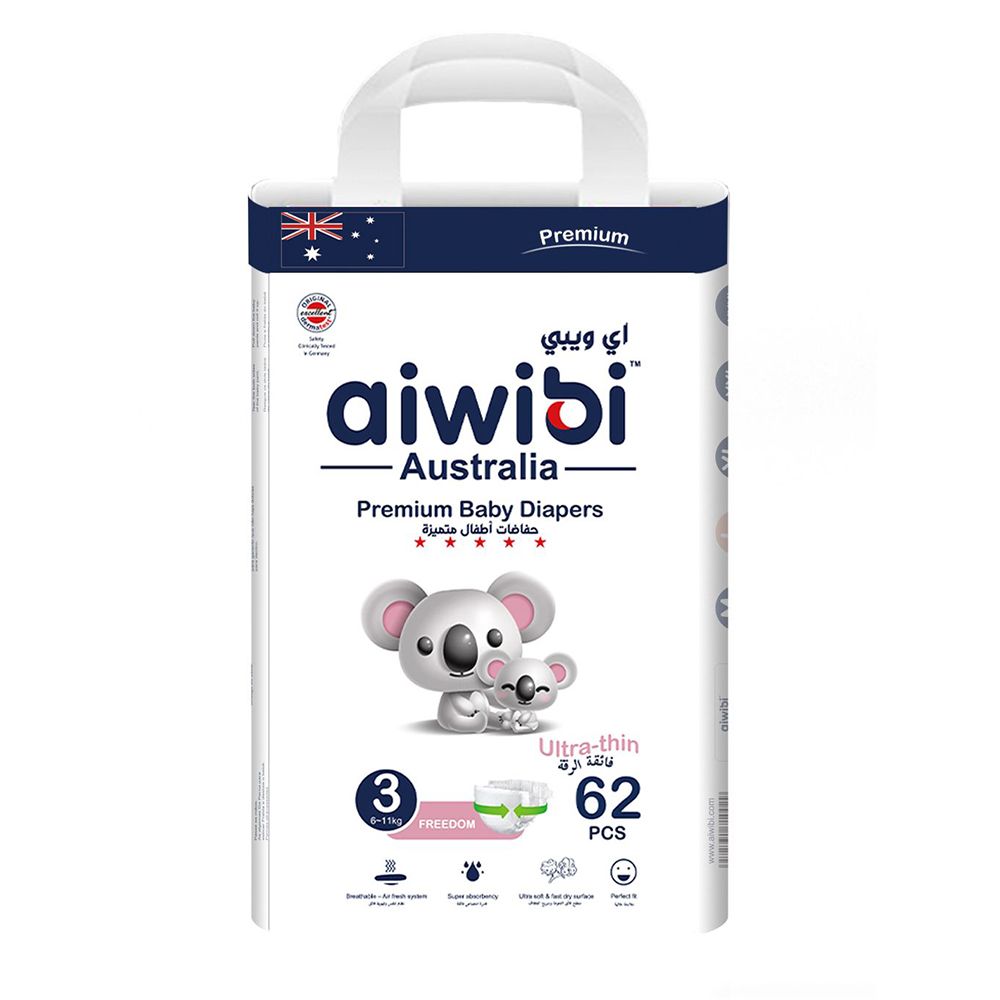 Aiwibi - Premium Ultra Thin Baby Diapers - Size 3 - 6-11 Kgs - 62 pcs