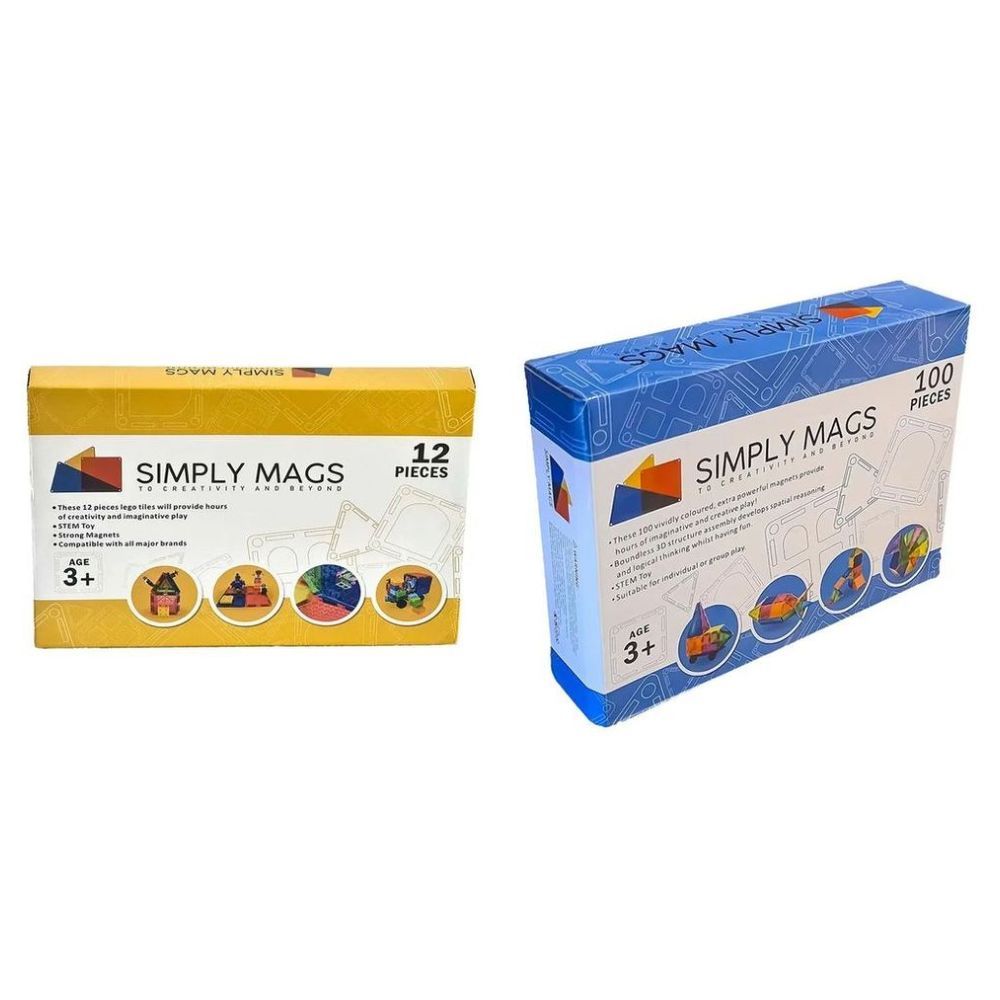 Simply Mags - Startup Magnetic Tiles - 100pcs w/ Magnetic Blocks - 12pcs