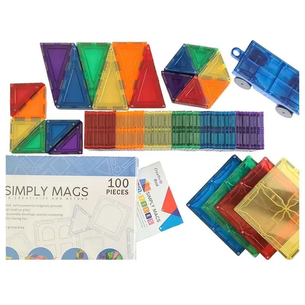 Simply Mags - Startup Magnetic Tiles - 100pcs w/ Magnetic Blocks - 12pcs