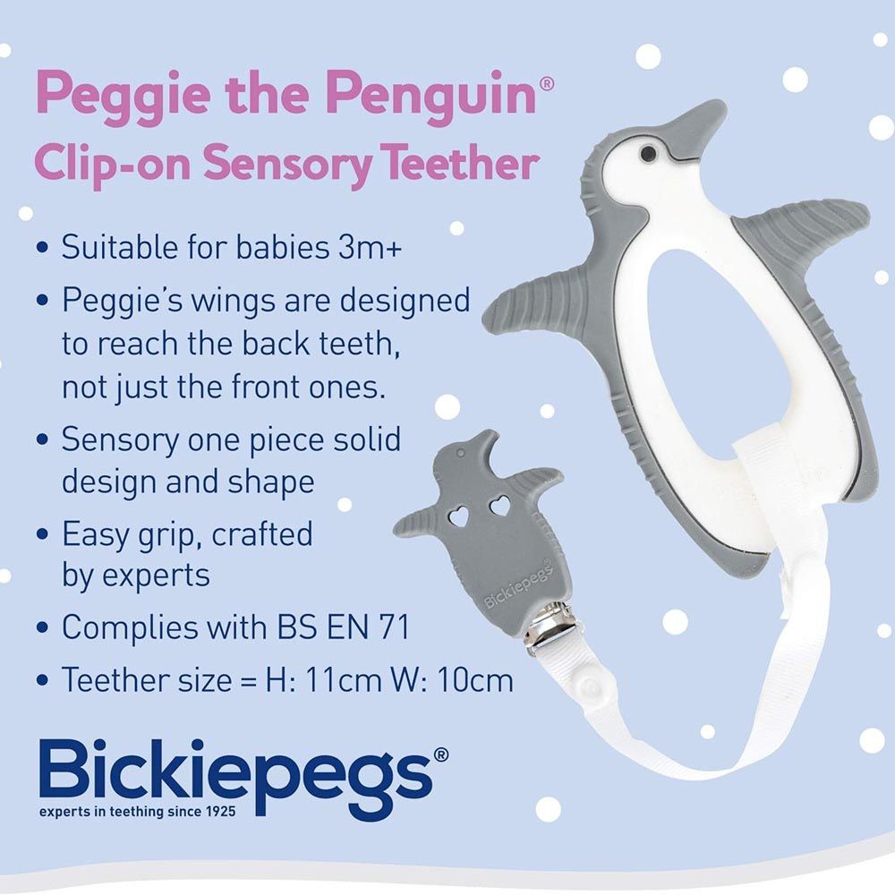 Bickiepegs - Peggie The Penguin Clip-On Sensory Teether - Grey