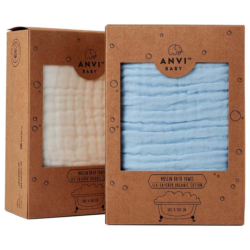 Anvi Baby - Set Of 2 Organic Muslin Bath Towel- Blue/White