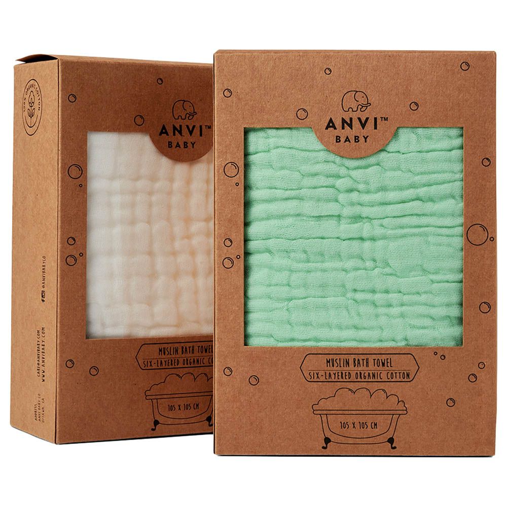 Anvi Baby - Set Of 2 Organic Muslin Bath Towel- Green/White