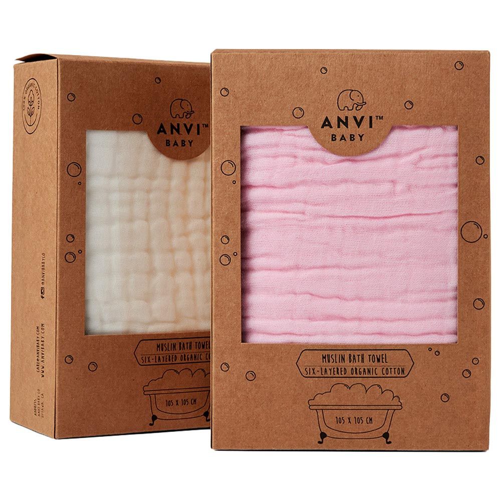 Anvi Baby - Set Of 2 Organic Muslin Bath Towel- Pink & White