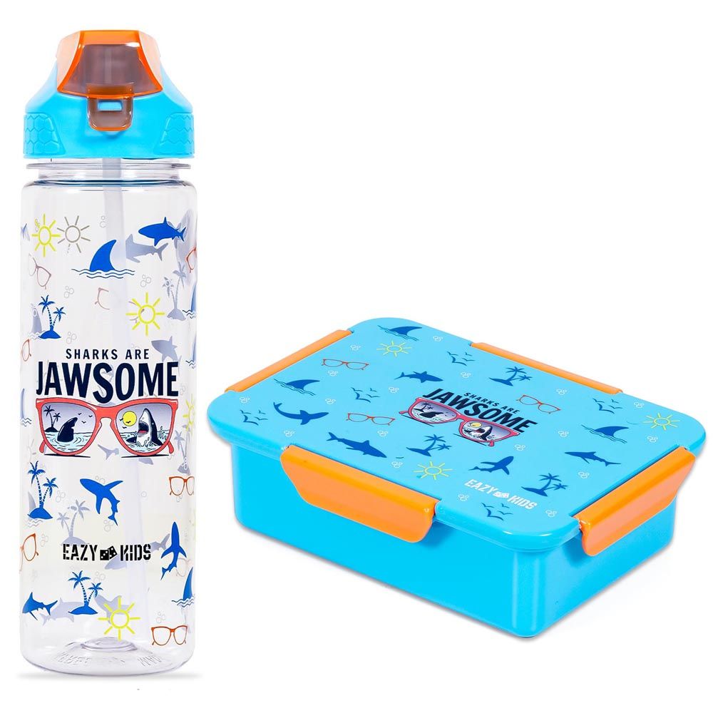 Eazy Kids - Lunch Box & Water Bottle w/ Drinking Flip Lid & Sipper - Jawsome