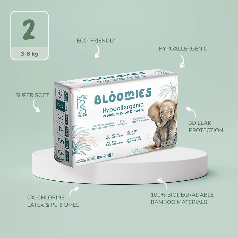 Bloomies - Bamboo Baby Diapers - 3-8 kg - Size 2 - Pack of 3 - 120pcs