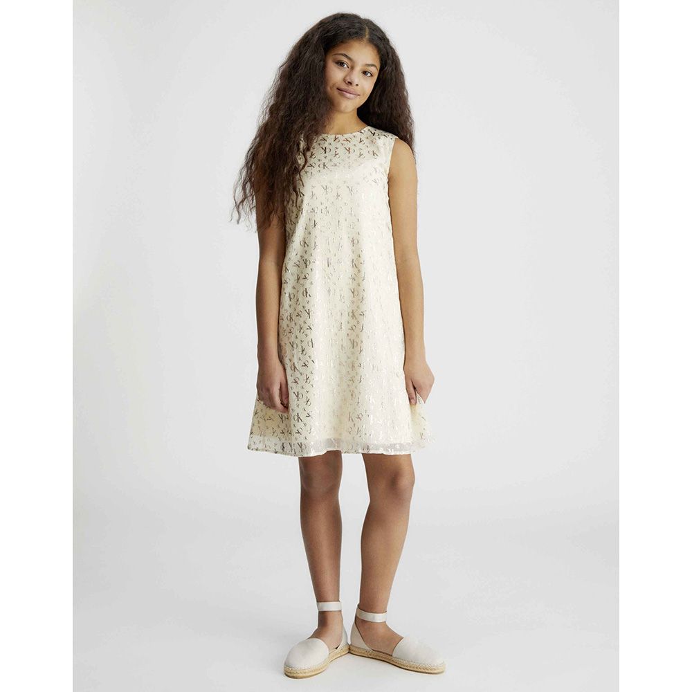 Calvin Klein - Girls Cap Metallic Printed Dress - Vanilla