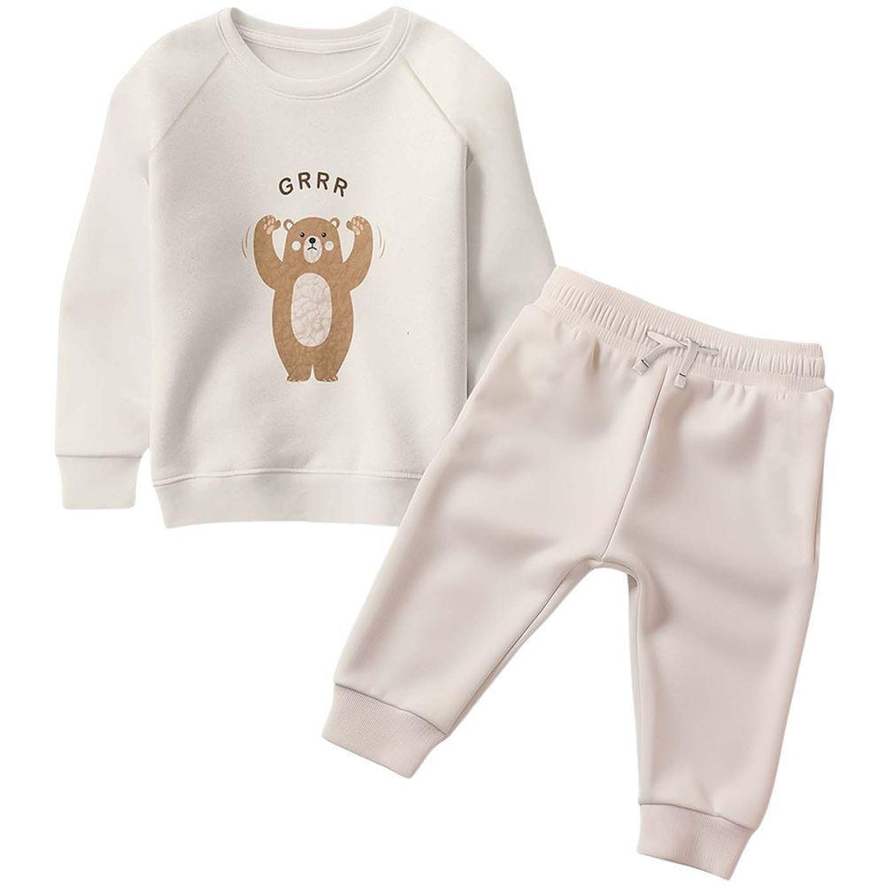 Luay - 2pc-Set - Ultra-Soft Bear Print Sweatshirt & Pants - Cream