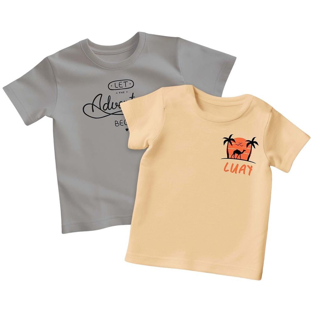 Luay - 2pc-Set - Adventure & Camel Print T-Shirts - Orange/Grey