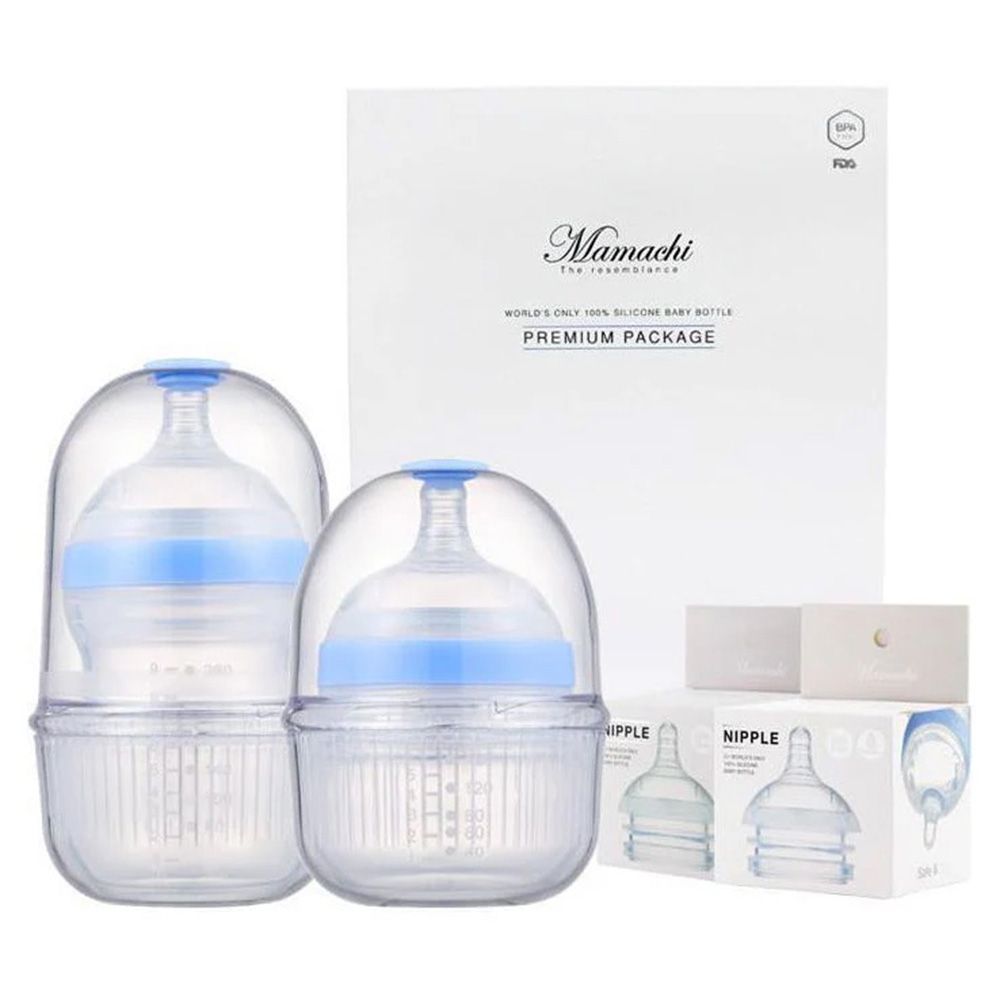 Mamachi - Silicone Baby Bottle w/ Outdoor Carrier & Nipples - Blue - 8 Pcs