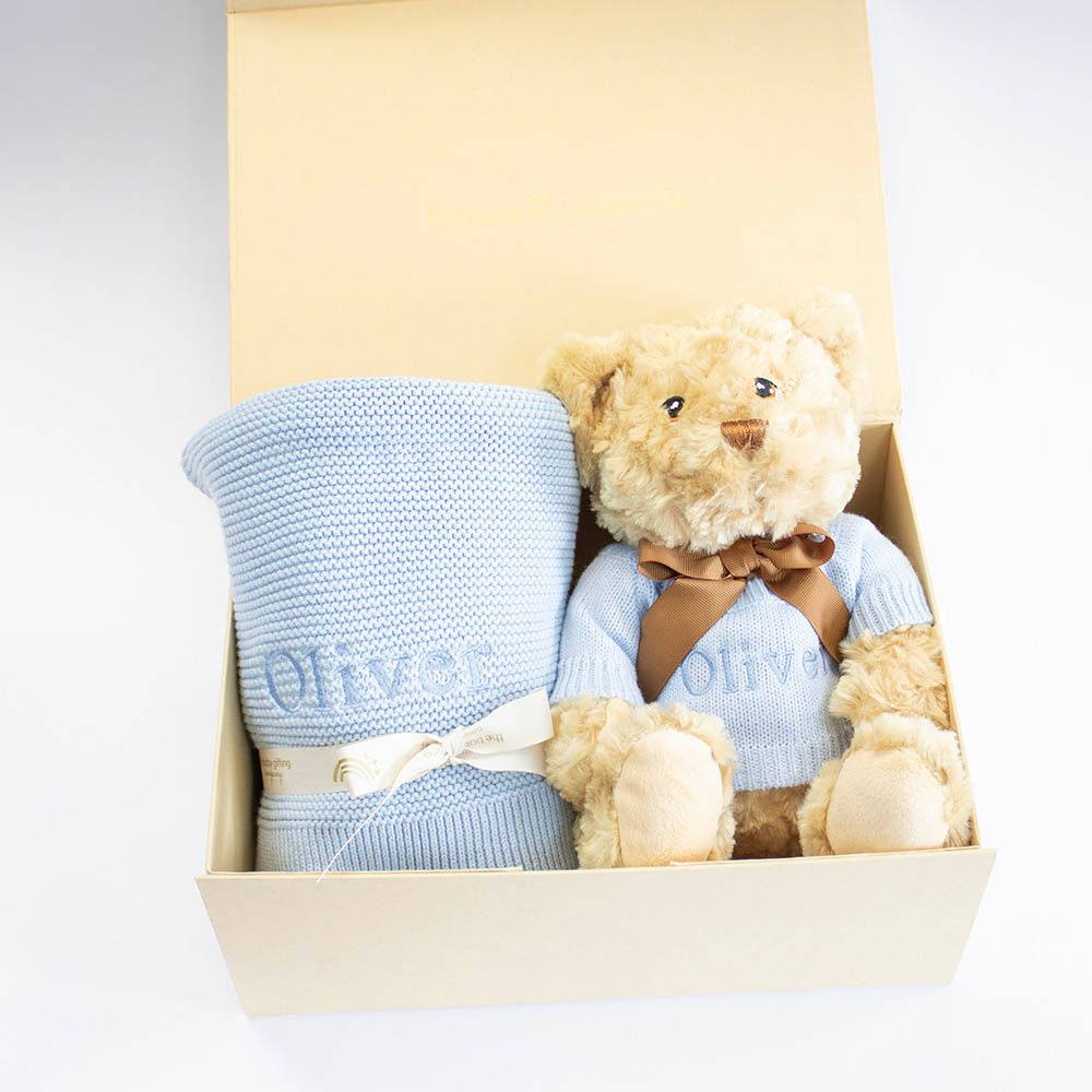 The Baby Gifting Company - Cotton Blanket & Teddy Set - Blue - 2 Pcs