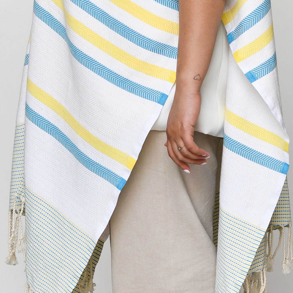 Hammam Corner - 100% Recycled Cotton Wave lux Beach Poncho - Blue Yellow