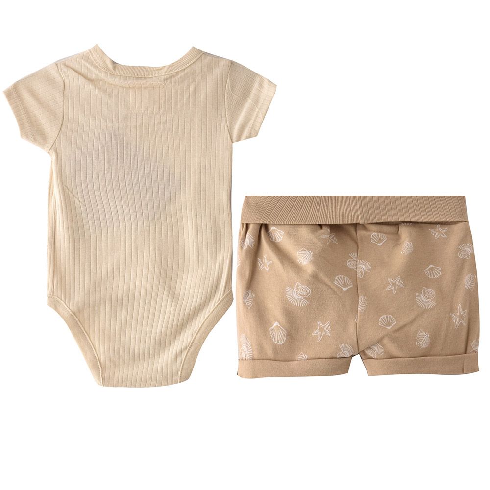 Home Grown - 3pc-Set - Baby Bodysuit, Shorts And Bib - Beige