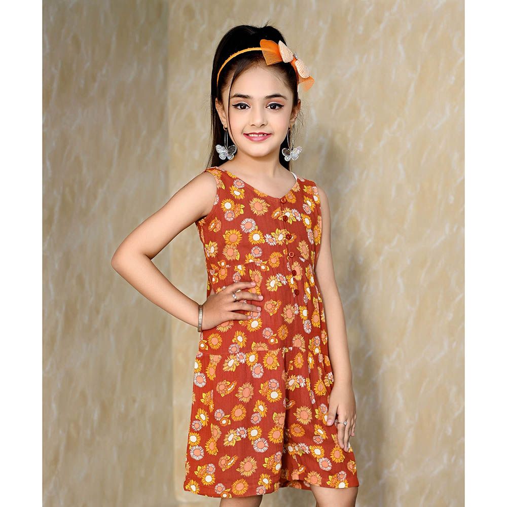 Flower Girl - Girl's Printed Playsuit - Brown