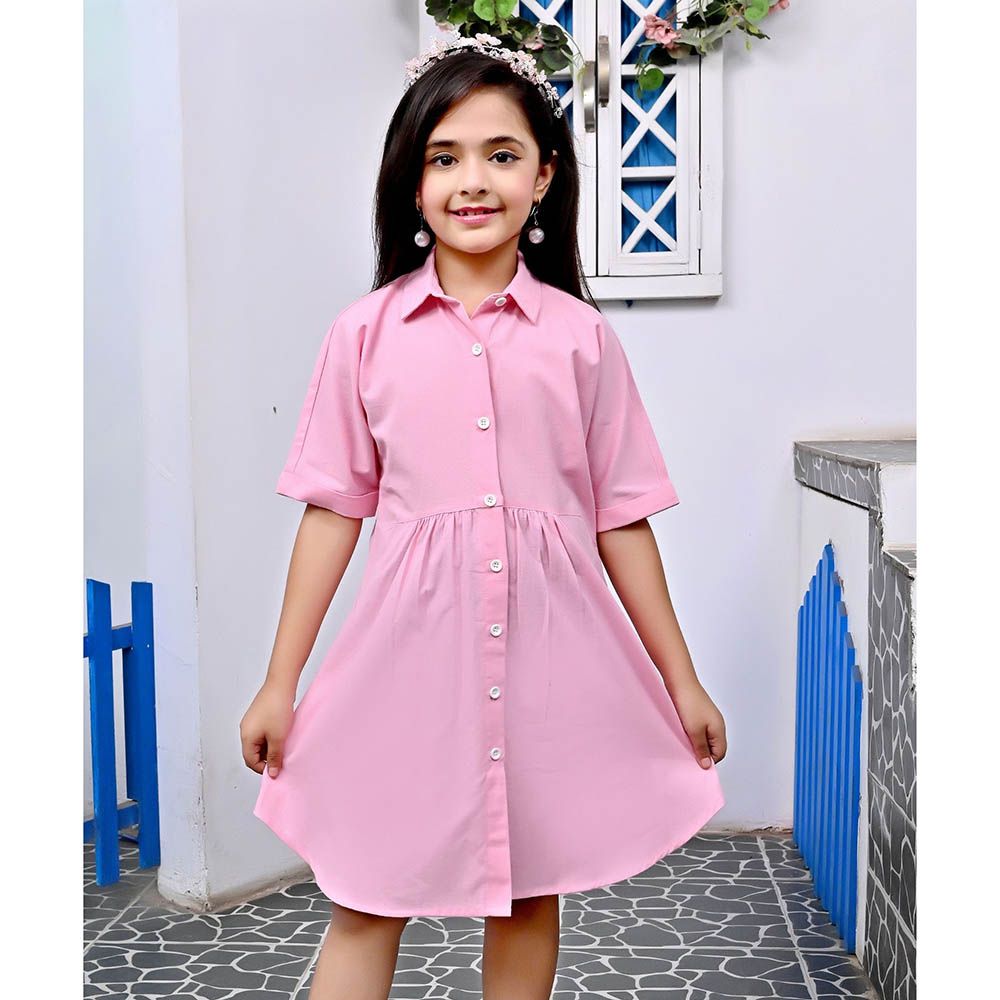 Flower Girl - Girl's Collar Neck Plain Dress - Pink