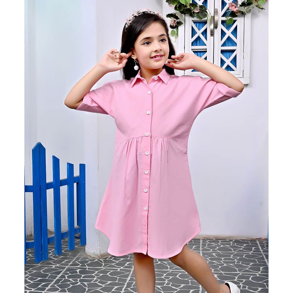 Flower Girl - Girl's Collar Neck Plain Dress - Pink