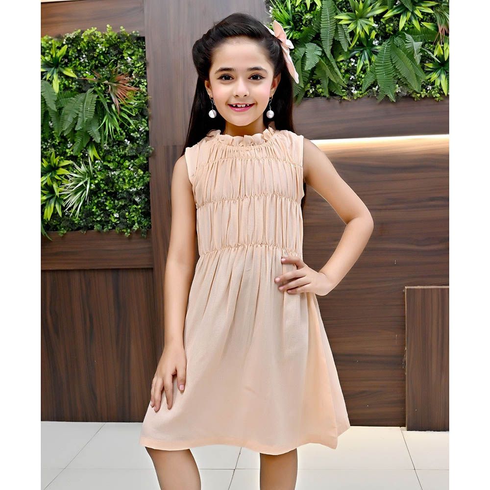 Flower Girl - Girl's Round Neck Plain Dress - Peach