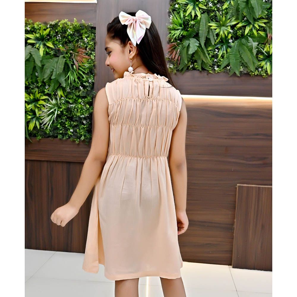 Flower Girl - Girl's Round Neck Plain Dress - Peach