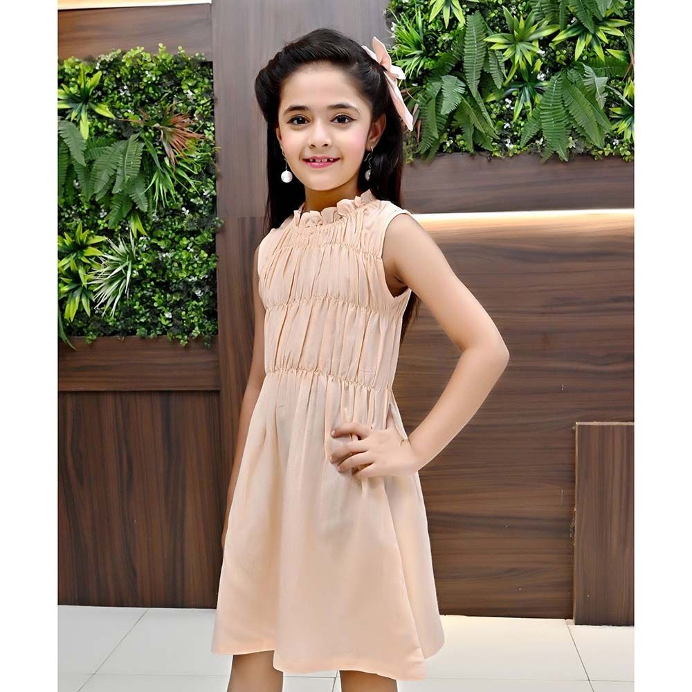 Flower Girl - Girl's Round Neck Plain Dress - Peach