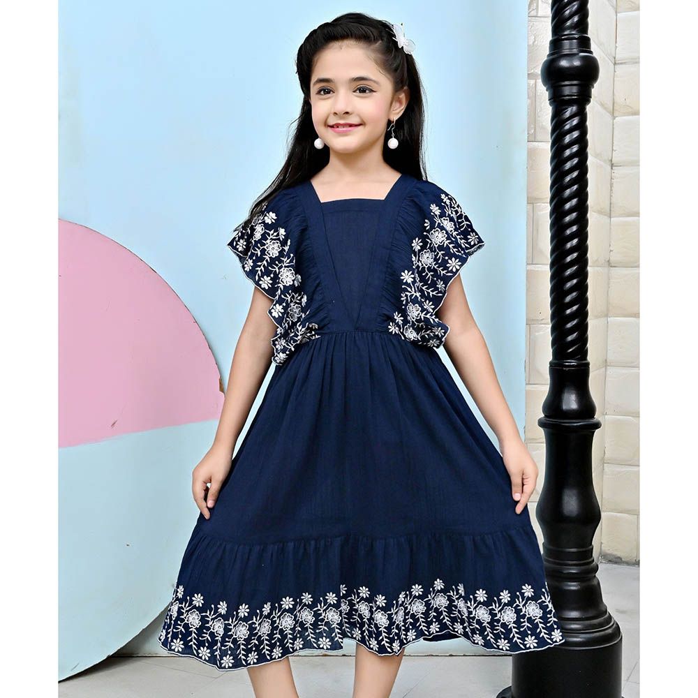 Flower Girl - Girl's Square Neck Plain Dress - Navy