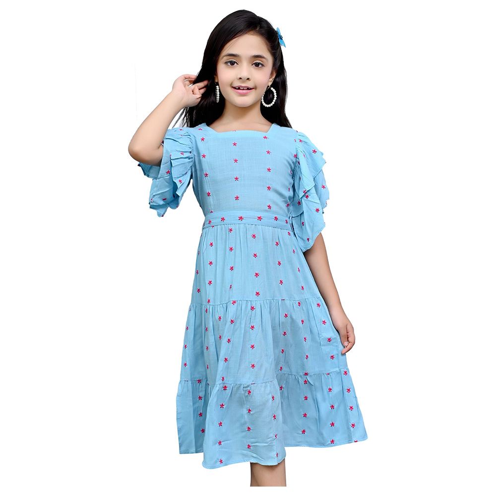 Flower Girl - Girl's Square Neck Printed Dress - Blue/Red